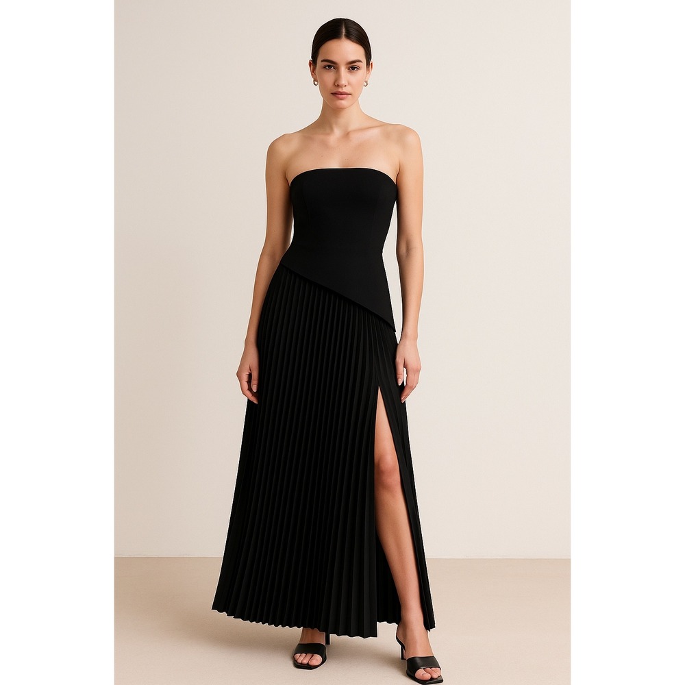 Commense Solid Pleated Strapless Split Dress Blac… - image 1